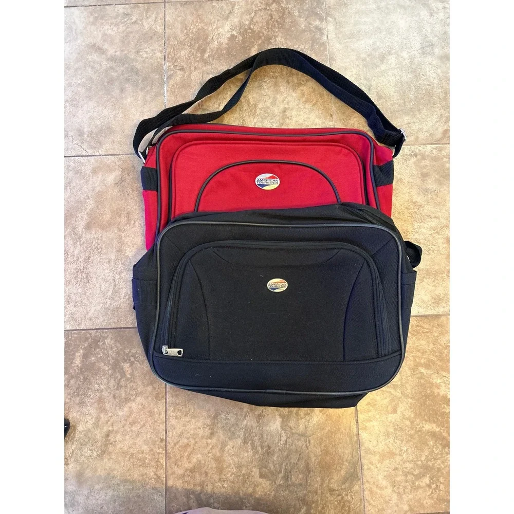 American Tourister Shoulder Bag Set 2 Pack‎ Red Black Canvas Travel Messenger